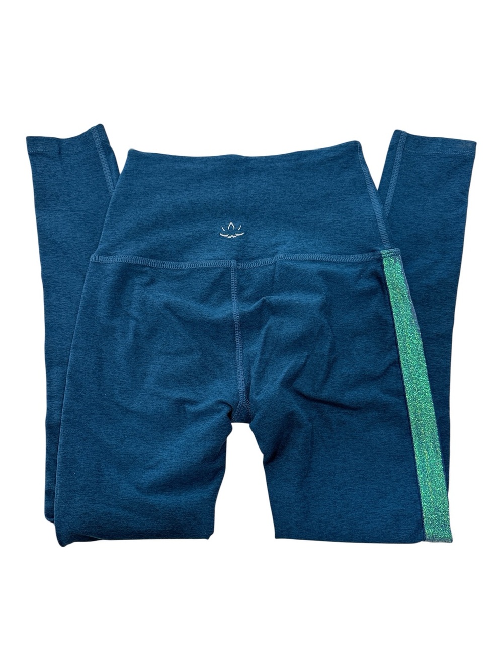 Beyond Yoga Teal Leggings with Green Glitter Side Stripe